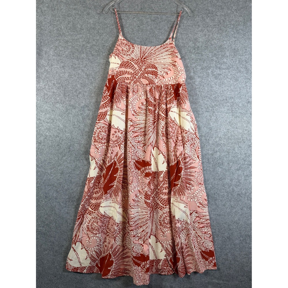 Japna Tropical Leaf Maxi Dress Womens Large Red Pink NWT Pockets Smocked Back